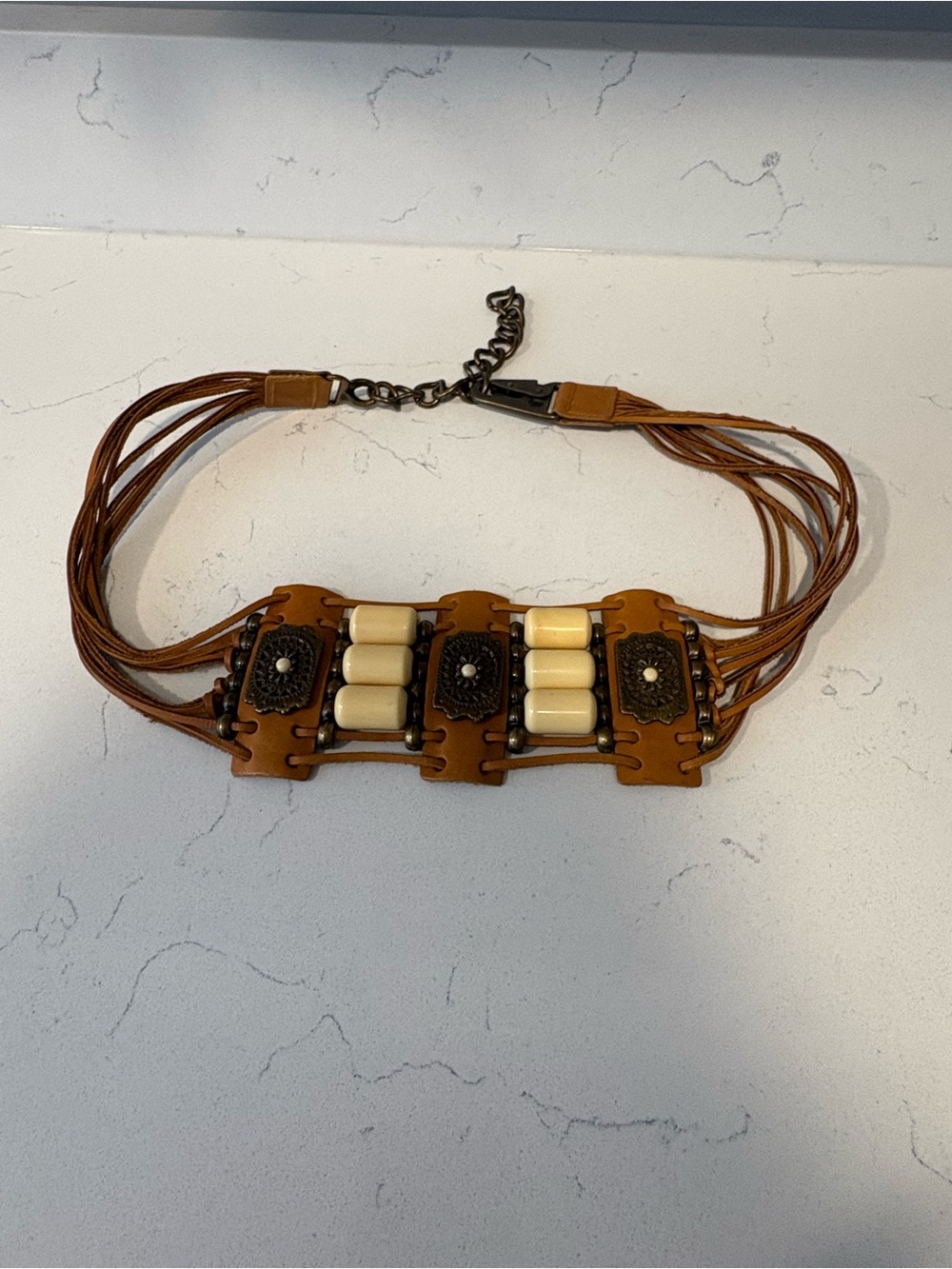 Vintage handmade leather belt with adjustable chain